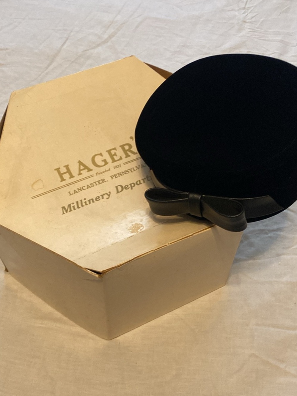 Vintage Black Felt Pillbox Hat with Bow